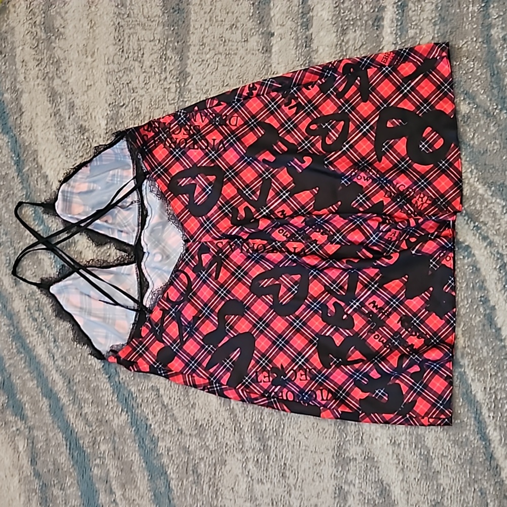 Victoria's Secret Woman's Red & Black Plaid Lace Chemise Slip Nightgown Sz:L EUC - Picture 2 of 6